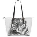 Monochrome Watercolor White Tiger Print Leather Tote Bag With Zipper
