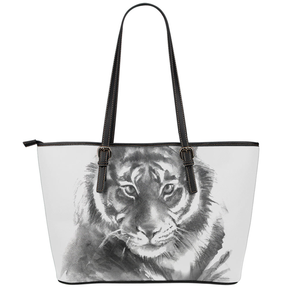 Monochrome Watercolor White Tiger Print Leather Tote Bag