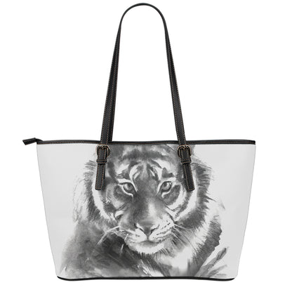 Monochrome Watercolor White Tiger Print Leather Tote Bag