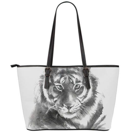 Monochrome Watercolor White Tiger Print Leather Tote Bag