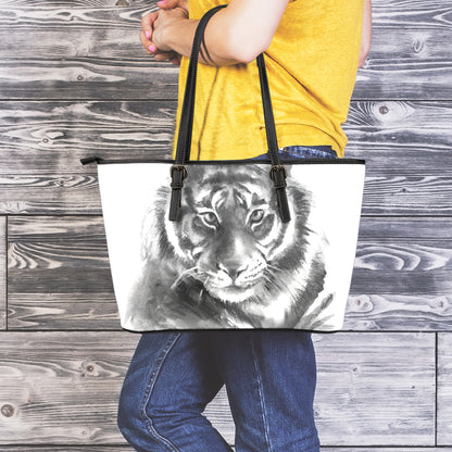 Monochrome Watercolor White Tiger Print Leather Tote Bag