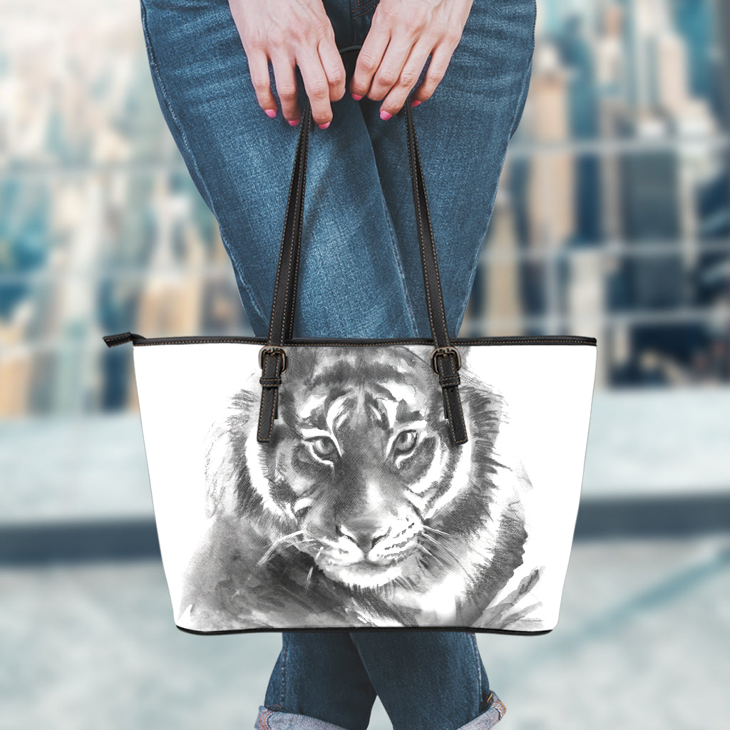 Monochrome Watercolor White Tiger Print Leather Tote Bag