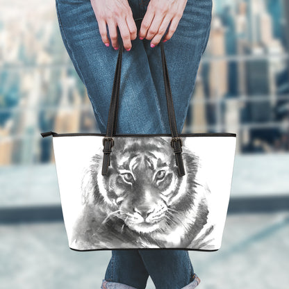 Monochrome Watercolor White Tiger Print Leather Tote Bag