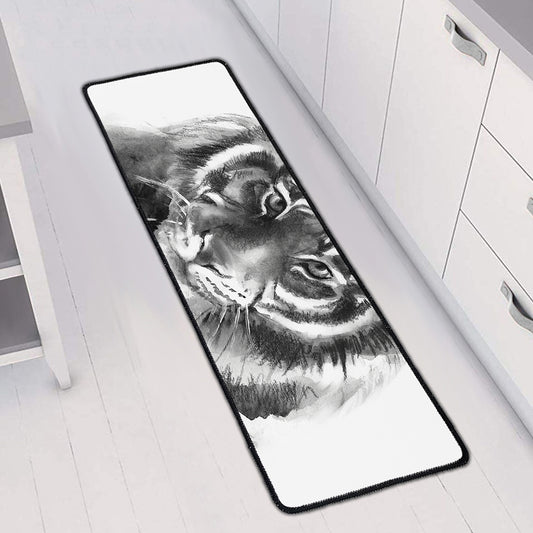 Monochrome Watercolor White Tiger Print Long Kitchen Mat