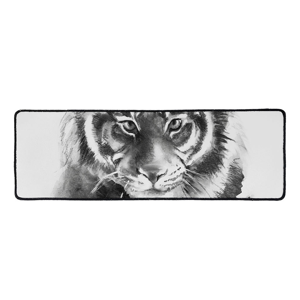 Monochrome Watercolor White Tiger Print Long Kitchen Mat
