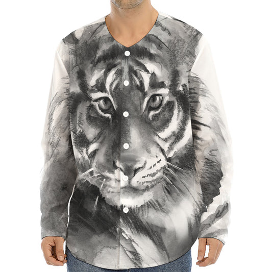 Monochrome Watercolor White Tiger Print Long Sleeve Baseball Jersey