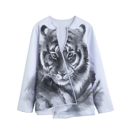Monochrome Watercolor White Tiger Print Long Sleeve Short Coat