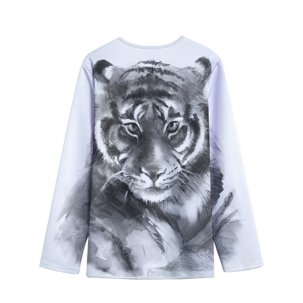 Monochrome Watercolor White Tiger Print Long Sleeve Short Coat