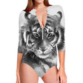 Monochrome Watercolor White Tiger Print Long Sleeve Swimsuit