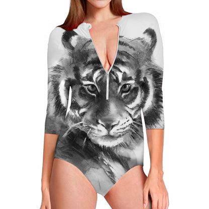 Monochrome Watercolor White Tiger Print Long Sleeve Swimsuit