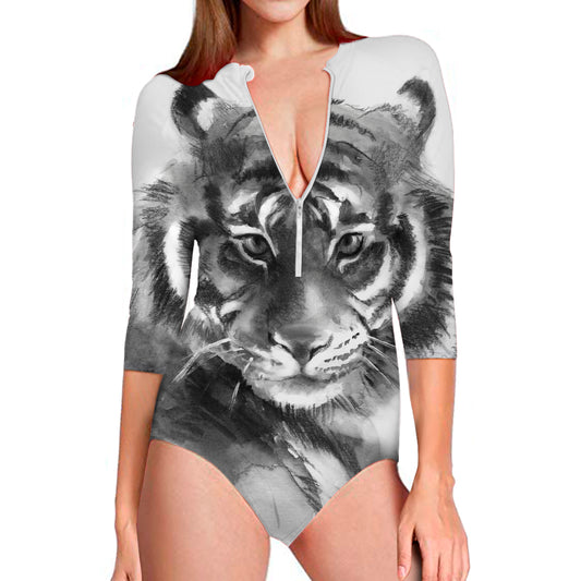 Monochrome Watercolor White Tiger Print Long Sleeve Swimsuit