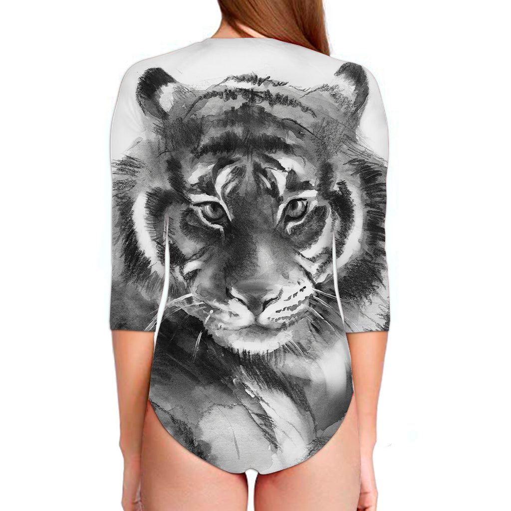 Monochrome Watercolor White Tiger Print Long Sleeve Swimsuit