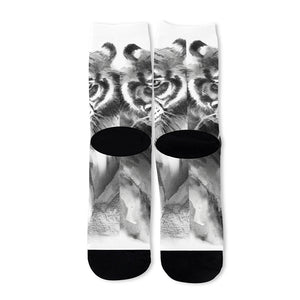 Monochrome Watercolor White Tiger Print Long Socks