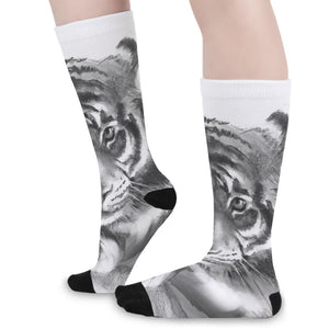 Monochrome Watercolor White Tiger Print Long Socks