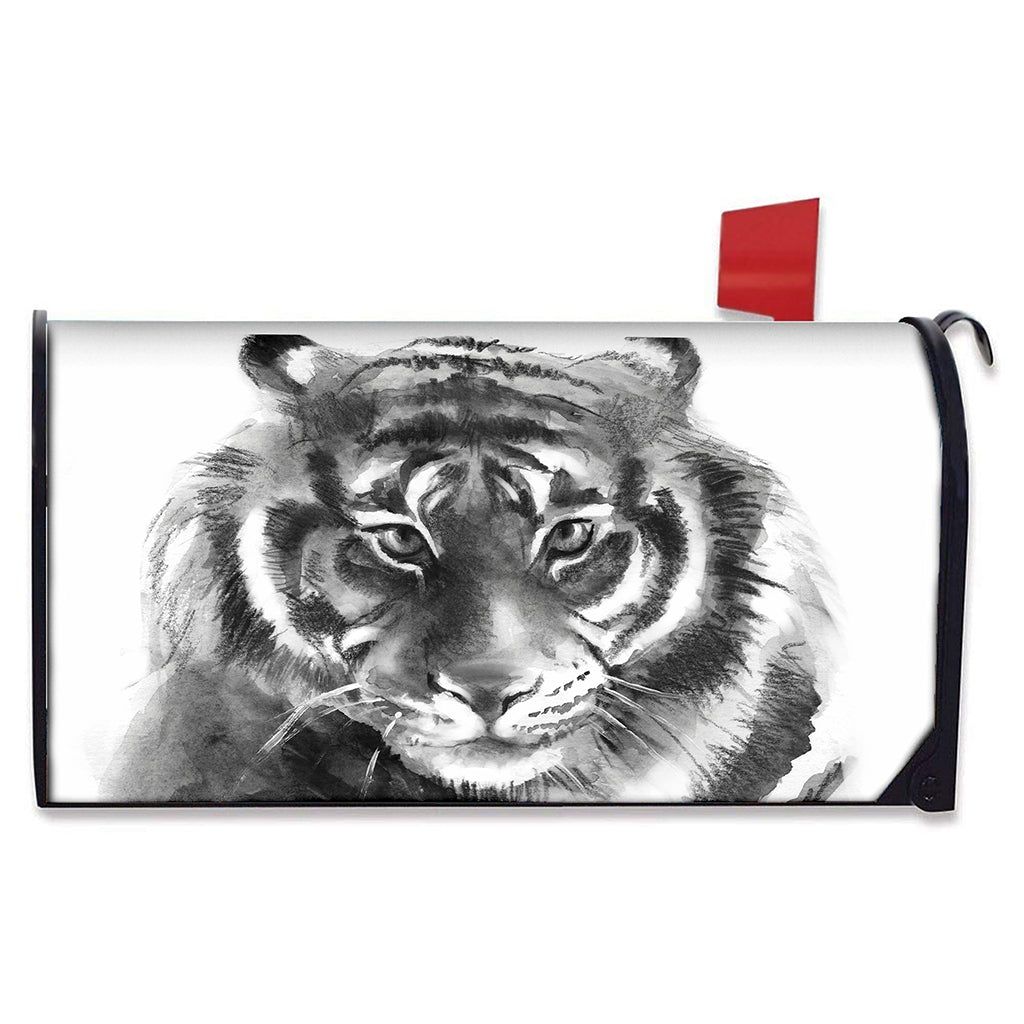 Monochrome Watercolor White Tiger Print Mailbox Cover