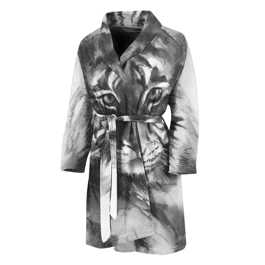 Monochrome Watercolor White Tiger Print Men's Bathrobe