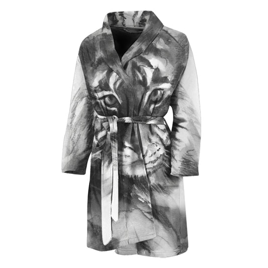 Monochrome Watercolor White Tiger Print Men's Bathrobe