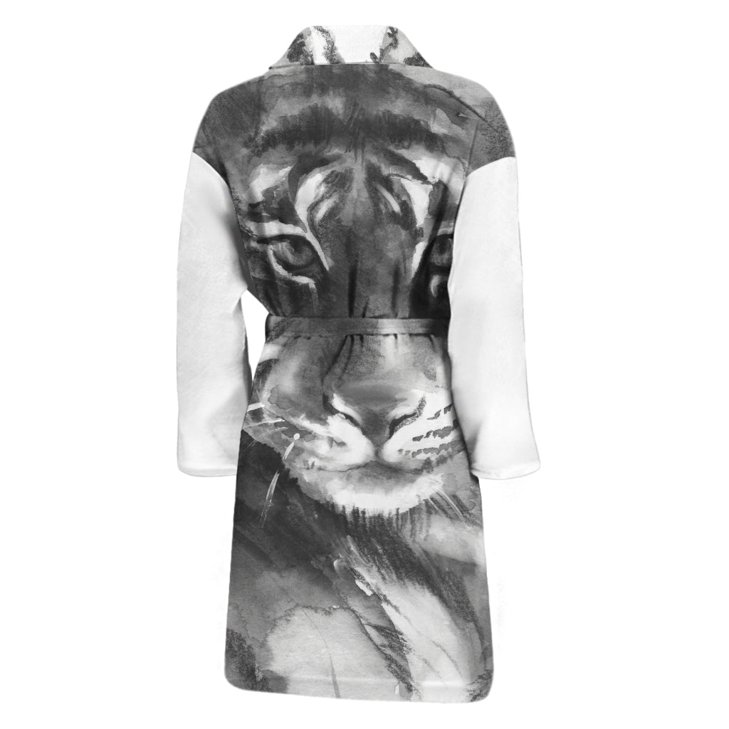 Monochrome Watercolor White Tiger Print Men's Bathrobe