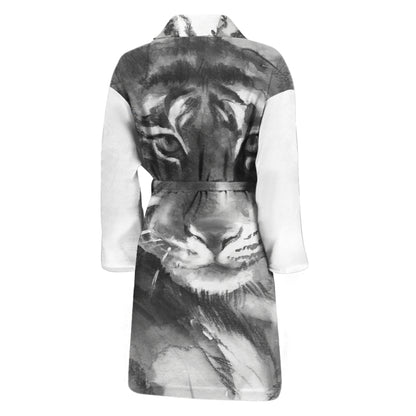 Monochrome Watercolor White Tiger Print Men's Bathrobe