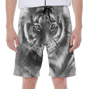 Monochrome Watercolor White Tiger Print Men's Beach Shorts