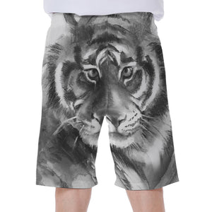 Monochrome Watercolor White Tiger Print Men's Beach Shorts