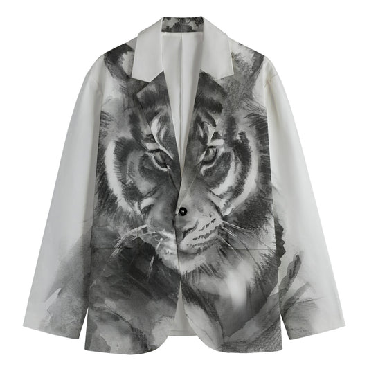Monochrome Watercolor White Tiger Print Men's Blazer
