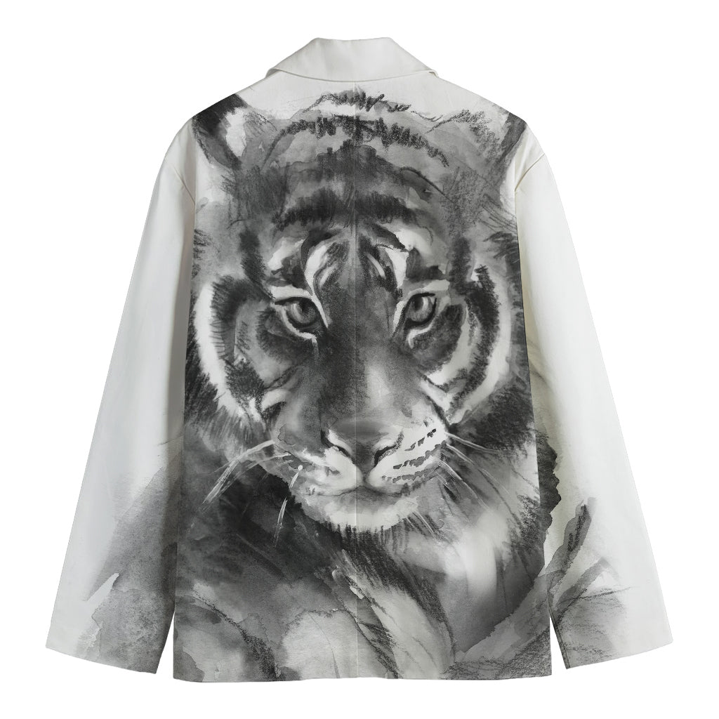 Monochrome Watercolor White Tiger Print Men's Blazer