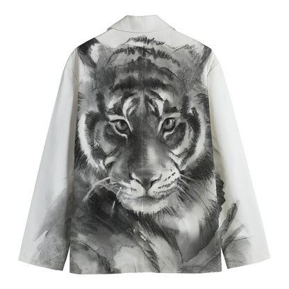 Monochrome Watercolor White Tiger Print Men's Blazer