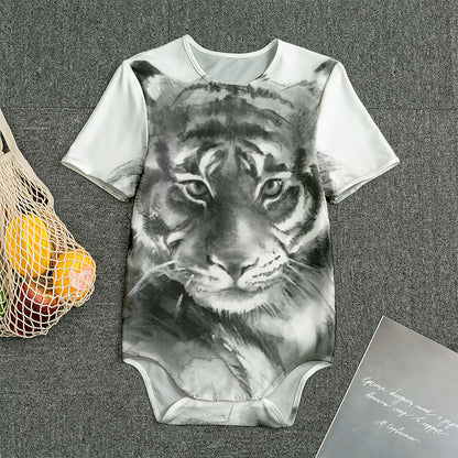 Monochrome Watercolor White Tiger Print Men's Bodysuit