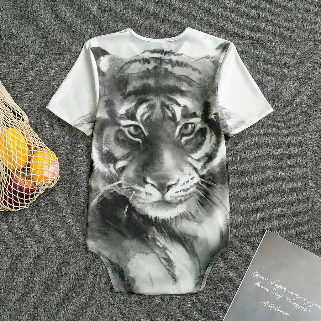 Monochrome Watercolor White Tiger Print Men's Bodysuit