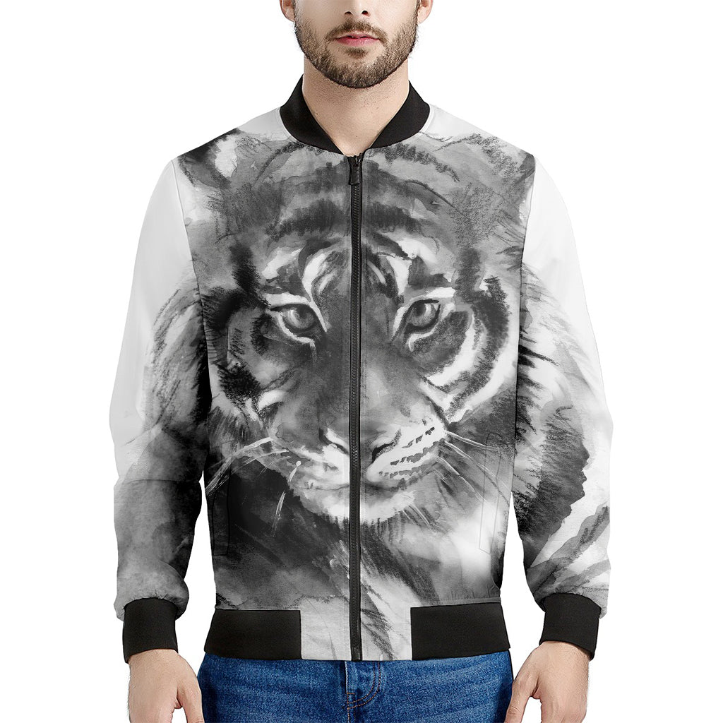 Monochrome Watercolor White Tiger Print Men's Bomber Jacket