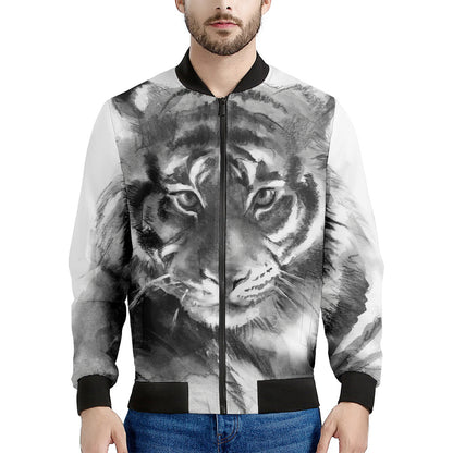 Monochrome Watercolor White Tiger Print Men's Bomber Jacket
