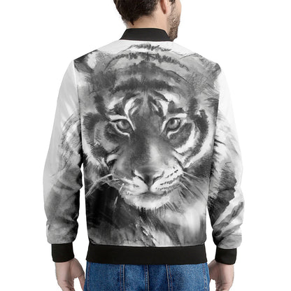 Monochrome Watercolor White Tiger Print Men's Bomber Jacket