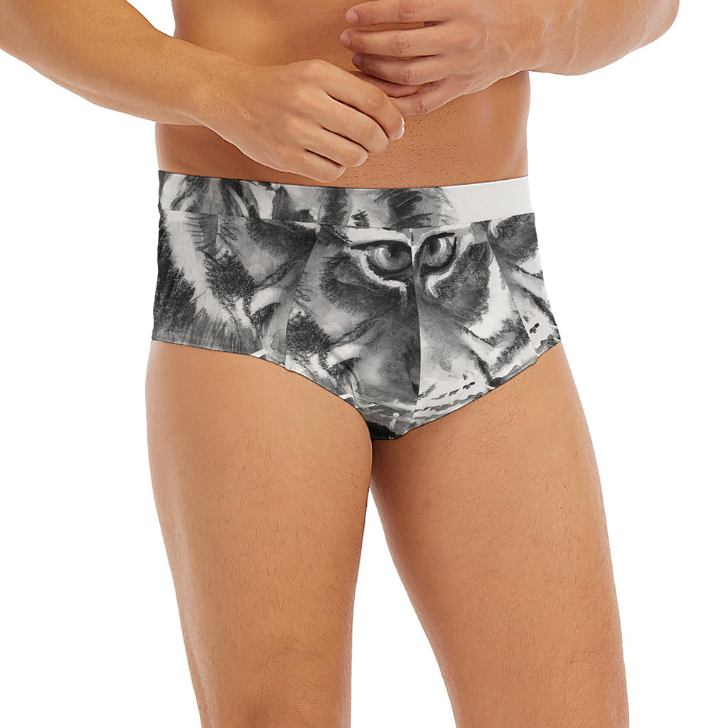 Monochrome Watercolor White Tiger Print Men's Briefs