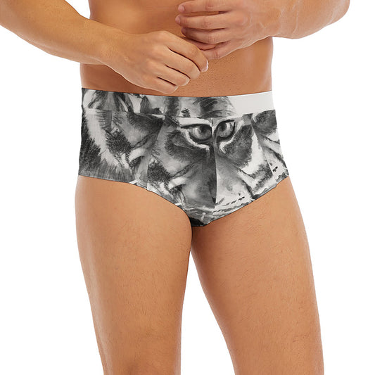Monochrome Watercolor White Tiger Print Men's Briefs