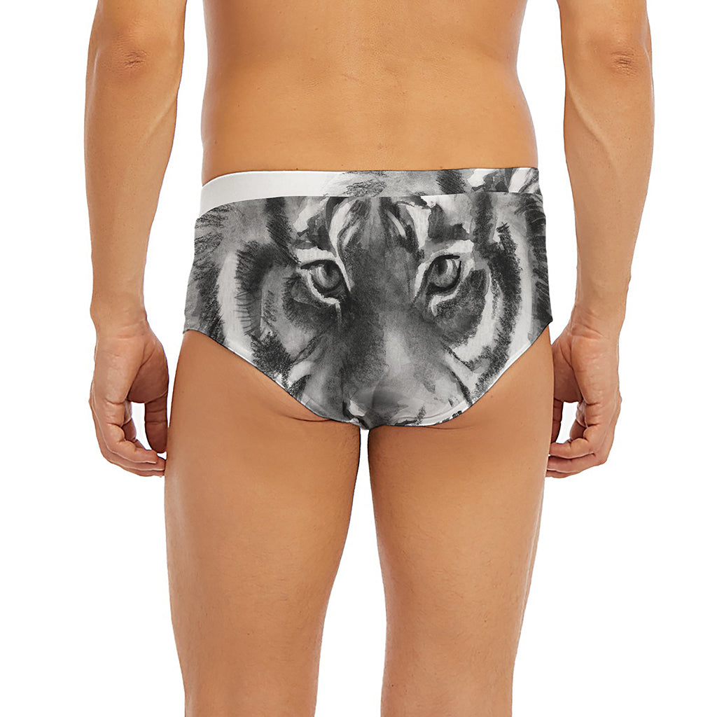 Monochrome Watercolor White Tiger Print Men's Briefs