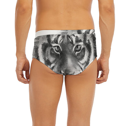 Monochrome Watercolor White Tiger Print Men's Briefs