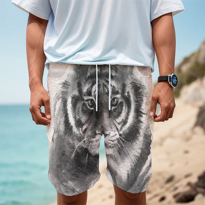 Monochrome Watercolor White Tiger Print Men's Cargo Shorts