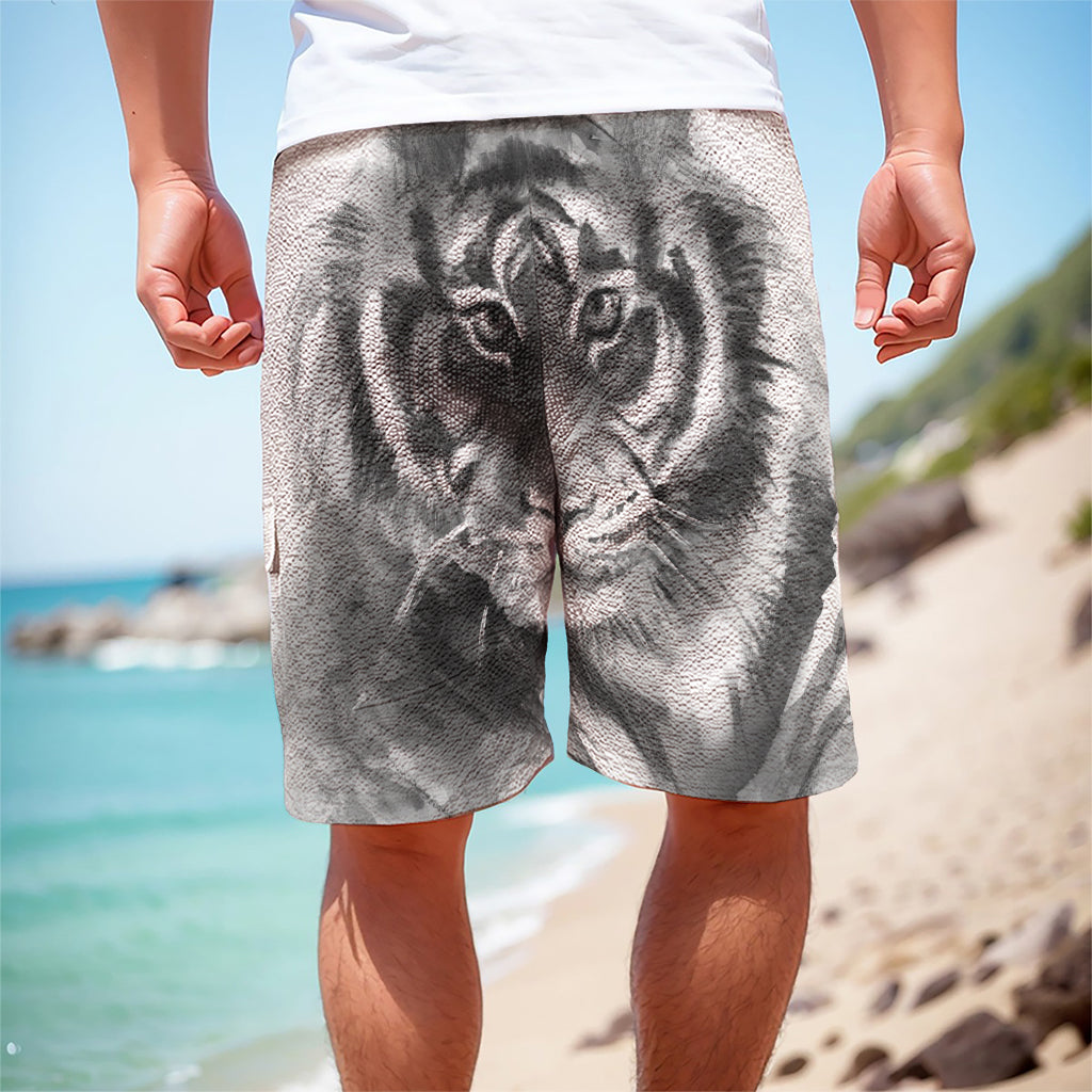 Monochrome Watercolor White Tiger Print Men's Cargo Shorts