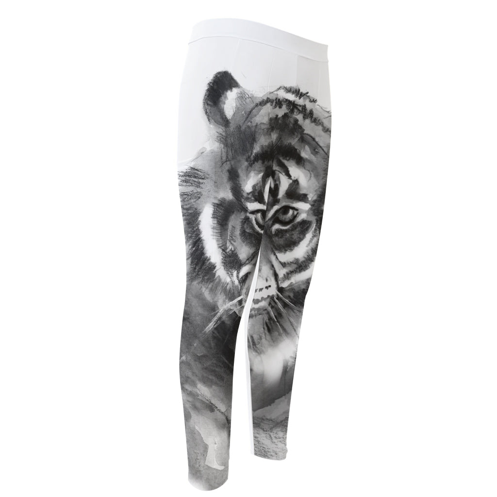 Monochrome Watercolor White Tiger Print Men's Compression Pants