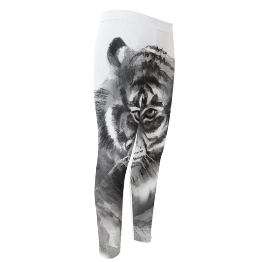 Monochrome Watercolor White Tiger Print Men's Compression Pants