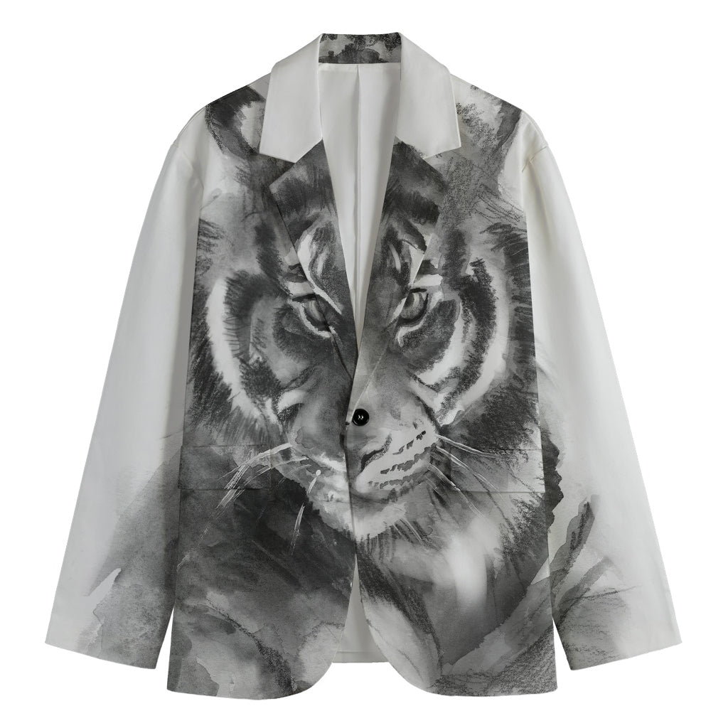 Monochrome Watercolor White Tiger Print Men's Cotton Blazer