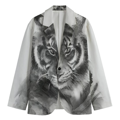 Monochrome Watercolor White Tiger Print Men's Cotton Blazer