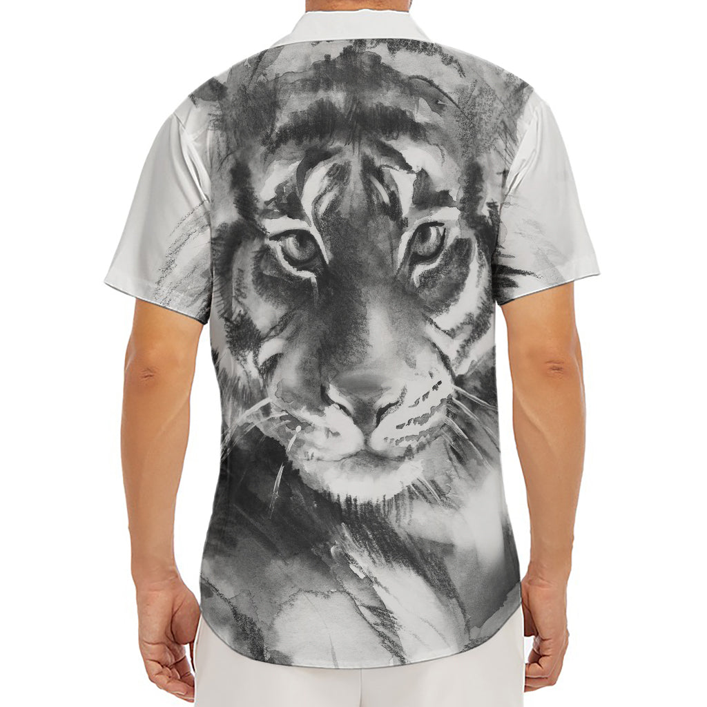 Monochrome Watercolor White Tiger Print Men's Deep V-Neck Shirt