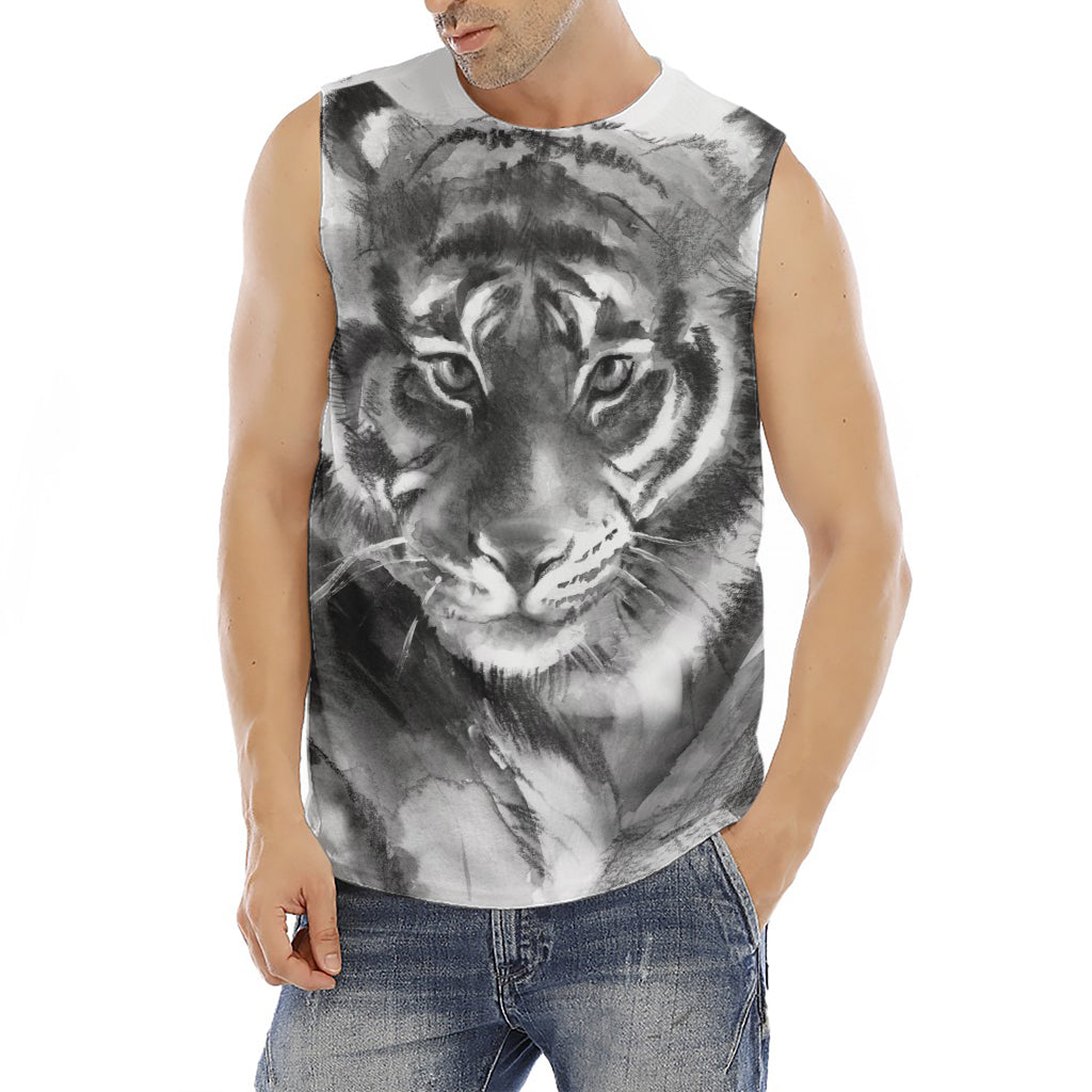 Monochrome Watercolor White Tiger Print Men's Fitness Tank Top