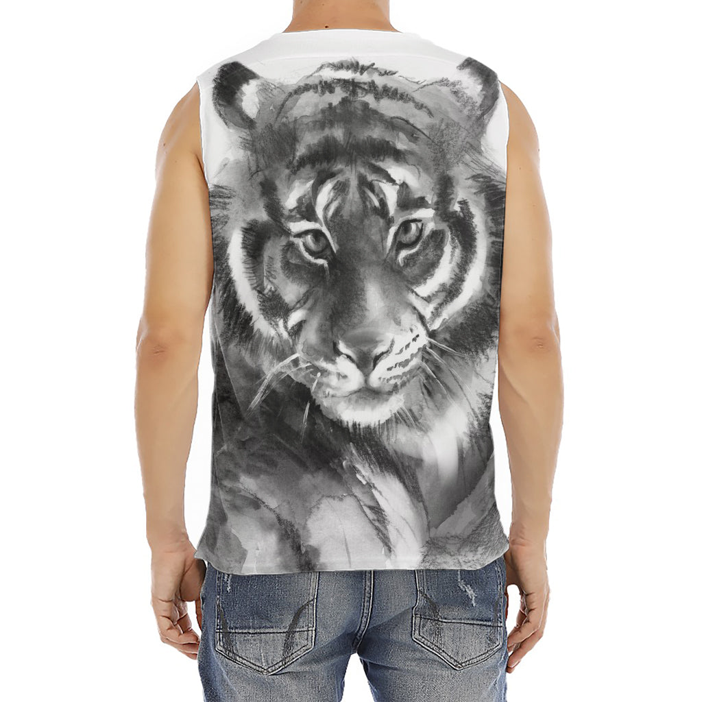 Monochrome Watercolor White Tiger Print Men's Fitness Tank Top