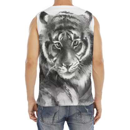 Monochrome Watercolor White Tiger Print Men's Fitness Tank Top