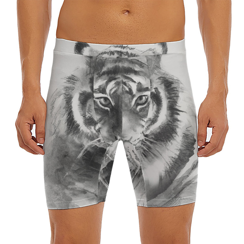Monochrome Watercolor White Tiger Print Men's Long Boxer Briefs