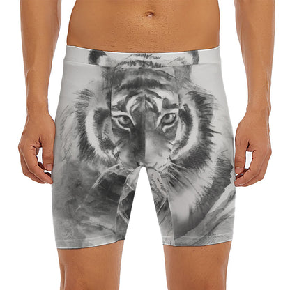 Monochrome Watercolor White Tiger Print Men's Long Boxer Briefs