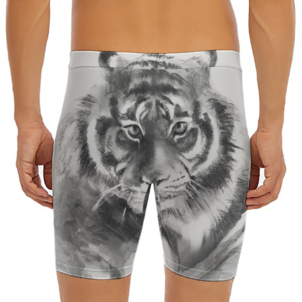 Monochrome Watercolor White Tiger Print Men's Long Boxer Briefs